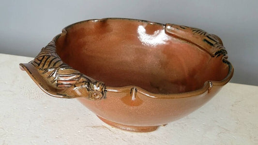 Large Scalloped Serving Bowl with Geometric Textured Handles Rust