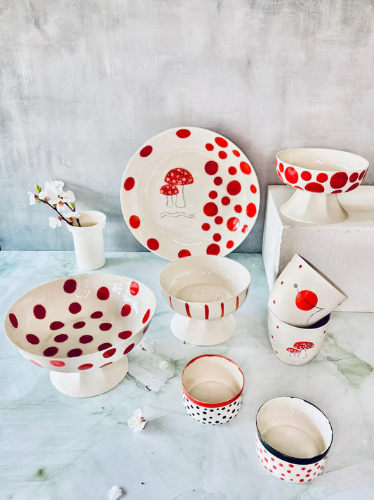 Handmade Footed Bowl, New Home Gift For Her, Holiday Hosting Decor, Duplex Porcelain Bowl, Red Polka Dotted Kitchen Gift, Ceramic Serveware